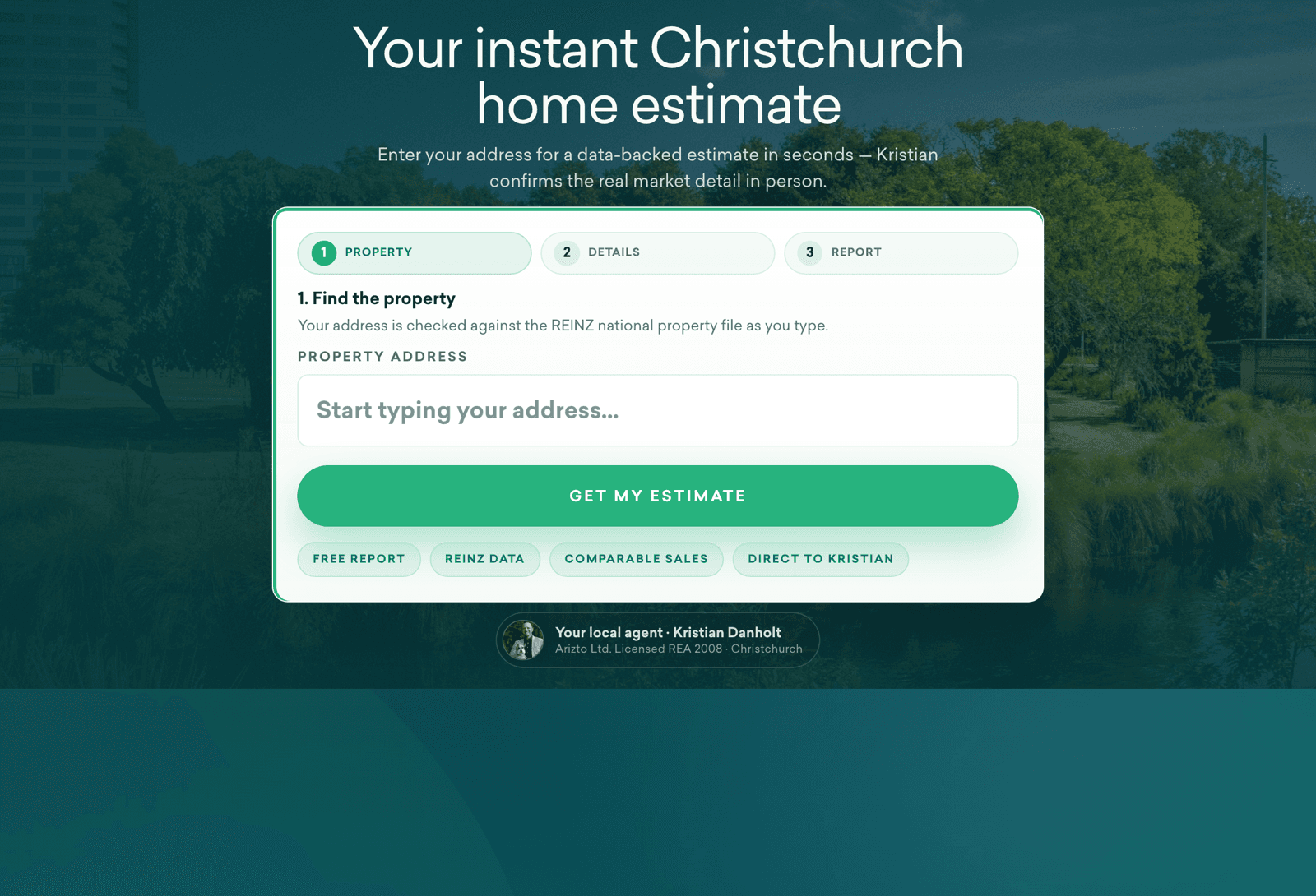The live Instant Appraisal funnel on an agent's own page: the address search sits in the hero, ready for a homeowner to type.