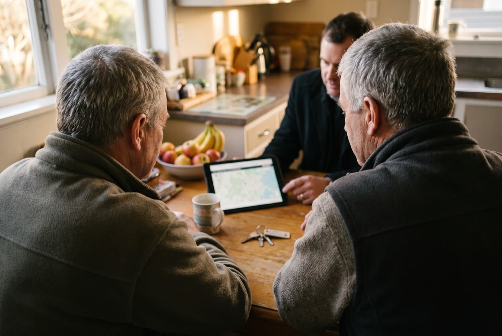An appraisal conversation at a kitchen table, seen over the shoulders of two homeowners with their backs to the camera: opposite them an agent leans in over a tablet lying between them, house keys and a mug on the table in warm late-afternoon light.